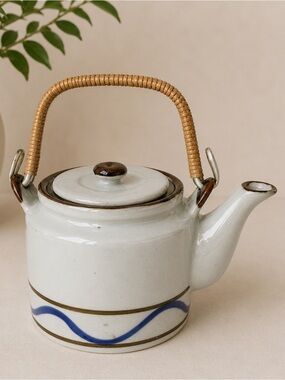 Vintage Japanese Otagiri Earthenware Wave Teapot Bamboo Swing handle